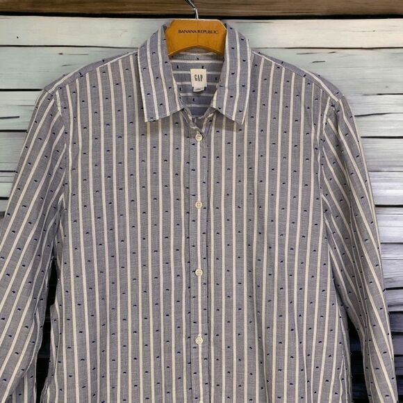 Gap Women's size Medium Tall Blue white silver striped long sleeve button up top - Picture 1 of 13